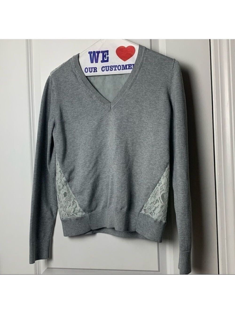 Banana Republic Small Grey V Neck Sweater with White Lace